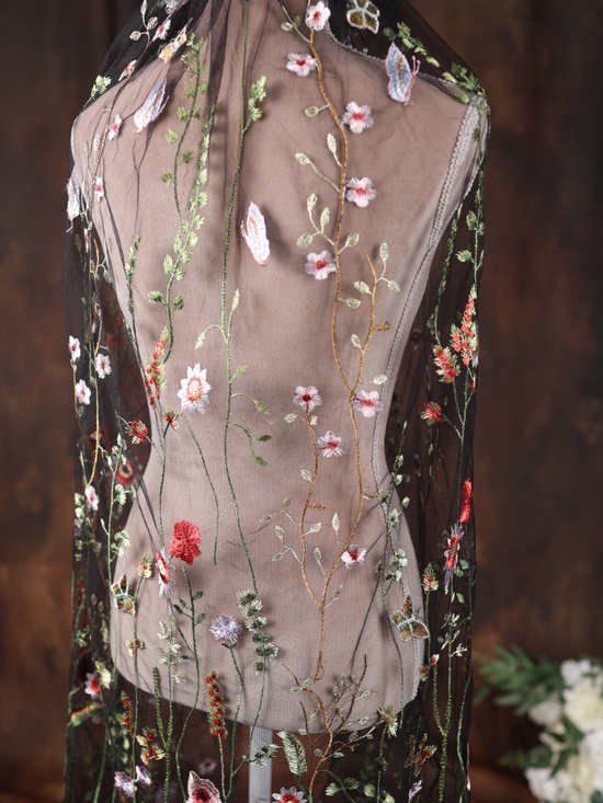 Black Floral Embroidered Wedding Veil with Wildflower Design, Bridal Veil, Flora main image 7